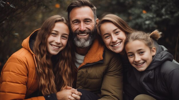 smiling family bonding together outdoors looking confident