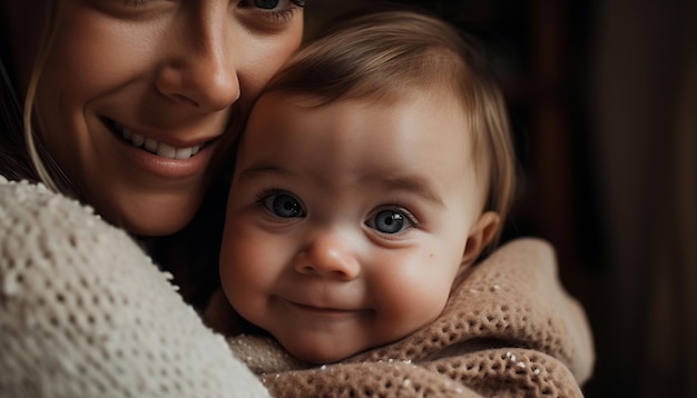 AI によって生成された自宅で生まれたばかりの女の赤ちゃんを抱きしめる笑顔の家族