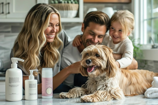 미소 짓는 가족이 애완동물 보살 제품으로 둘러싸인 사랑스러운 강아지를 둘러싸고 모입니다.