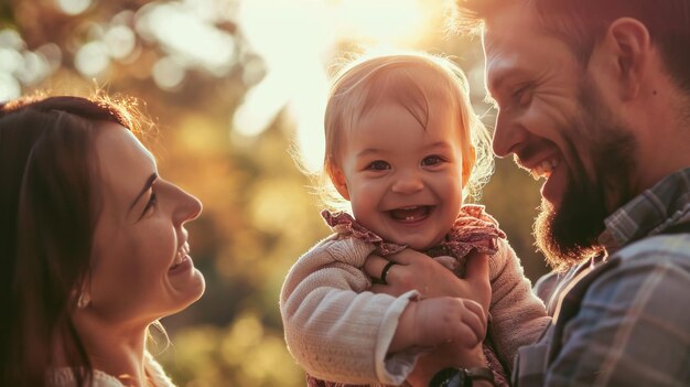 a smiling family holding a toddler smiling in the middle of it