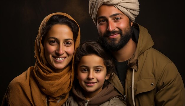 Photo smiling family men and women looking at camera happily generated by artificial intelligence