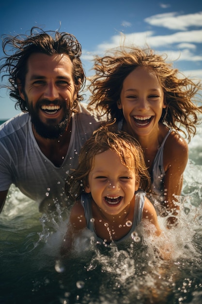 Foto famiglia sorridente che gioca tra le onde dell'oceano in una giornata di sole