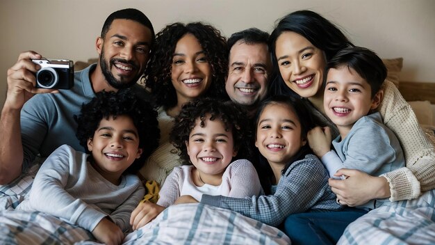 Photo smiling family sitting together on bed and looking at camera