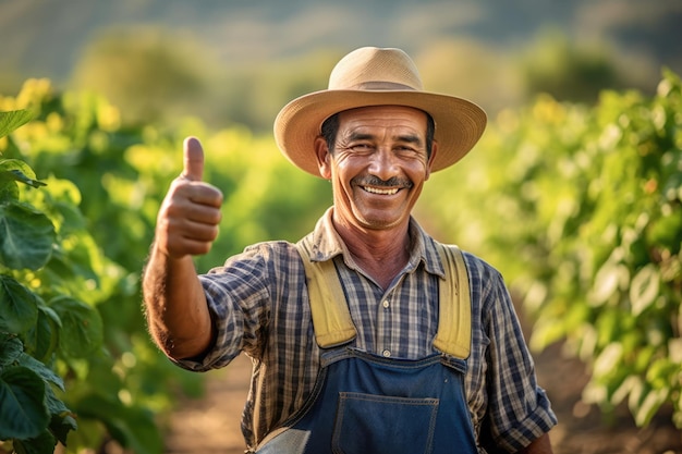 Smiling farmer standing in field showing thumb up AI Generative