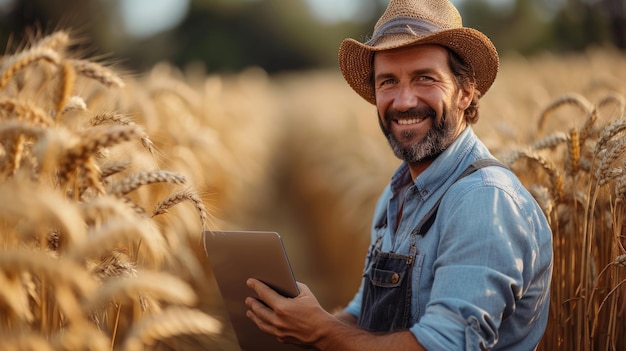 Smiling farmer with tablet in wheat field during sunset