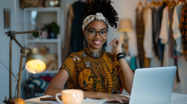 Smiling Fashion Designer Talking on Phone in Creative Studio Entrepreneur in Ethnic Wear Working at Laptop Small Business Concept AI