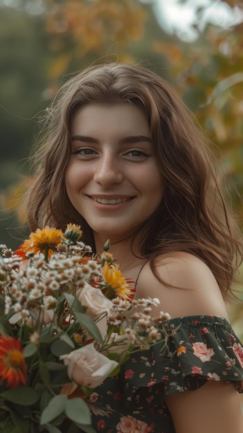 Smiling fat young woman holding a bouquet of flowers in her hand