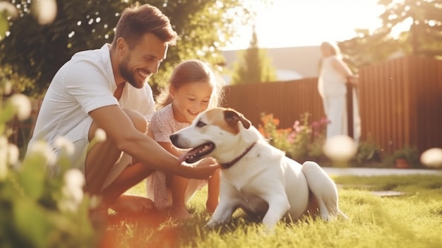 smiling father mother and child pet and play
