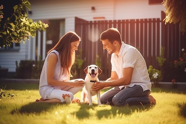 Smiling Father Mother and Son Pet and Play with Smooth Fox Terrier Retriever Dog Sun Shines on Idyllic Happy Family with Loyal Pedigree Dog have Fun at the Idyllic Suburban House Backyard