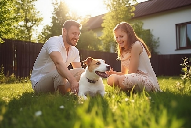 Smiling father mother and son pet and play with smooth fox terrier retriever dog