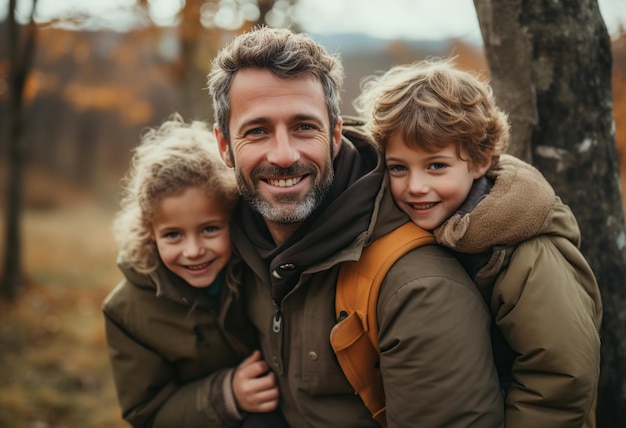 Smiling father with his children in autumn AI Generated