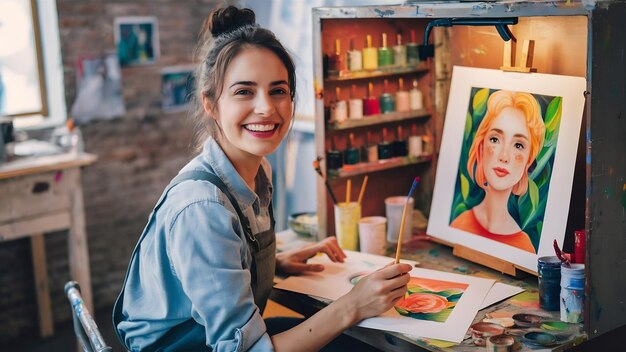 스케치와 다채로운 고통과 함께 캐주얼 옷을 입은 미소 짓는 여성 아티스트가 그녀의 캐비에 앉아 있습니다.
