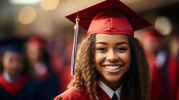 Smiling female Asian student in academic gown and graduation cap holding diploma