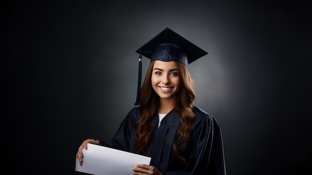 Smiling female Asian student in academic gown and graduation cap holding diploma