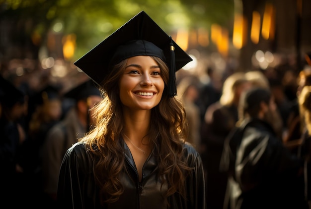 Улыбающаяся азиатская студентка в академическом платье и выпускной шапке с дипломом