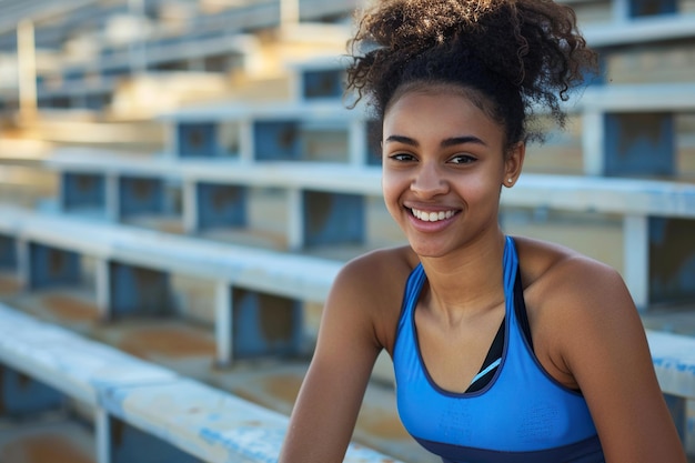 Photo smiling female athlete after running training sport exercise with towel african american woman sitting on empty stadium stands and stairs