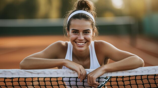 Smiling female athlete with racket leaning on tennis net