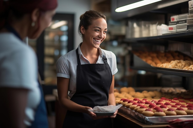 A smiling female baker who's also the shop owner offering exemplary customer service as her hands