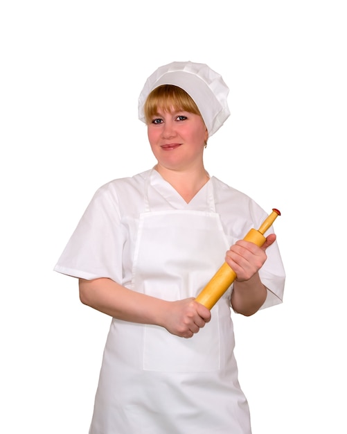 Smiling female baker with rolling pin isolated on white background