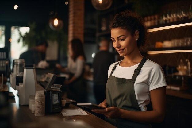 Photo smiling female barista in apron using digital tablet in cafe
