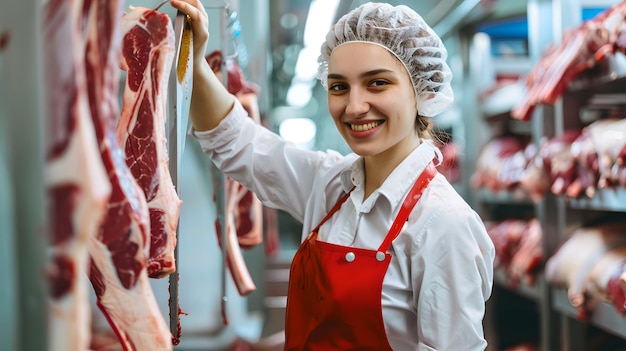 赤いエプロンを着た笑顔の女性肉屋が地元の肉屋で肉の品質を検査しています食品産業の現代的なプロフェッショナル新鮮な製品とサービスAI