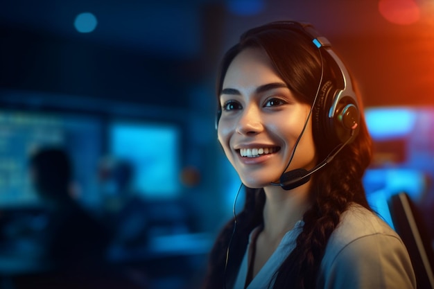 Smiling female call center operator working in an office with Generative AI