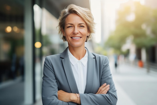 A smiling female CEO or Chief Executive Officer standing with arms crossed mature caucasian woman running a large corporation as boss