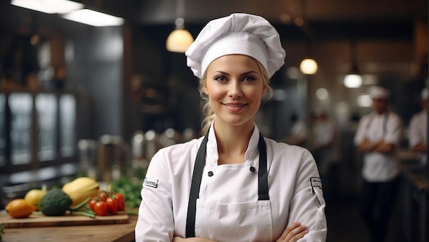 Smiling female chef or baker with arms crossed against the backdrop of a restaurant kitchen