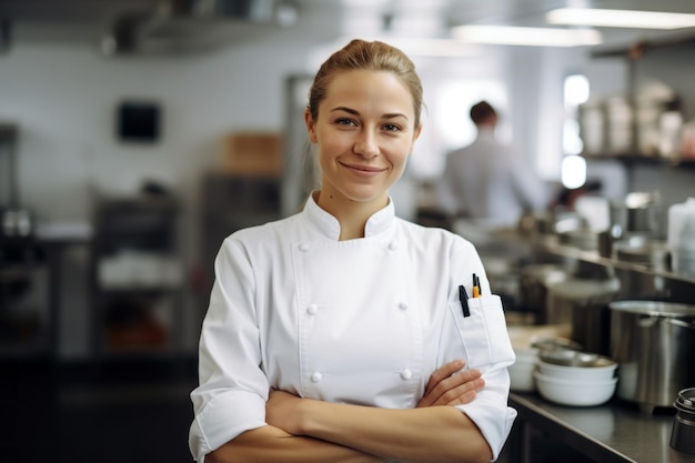 smiling female chef in a kitchen