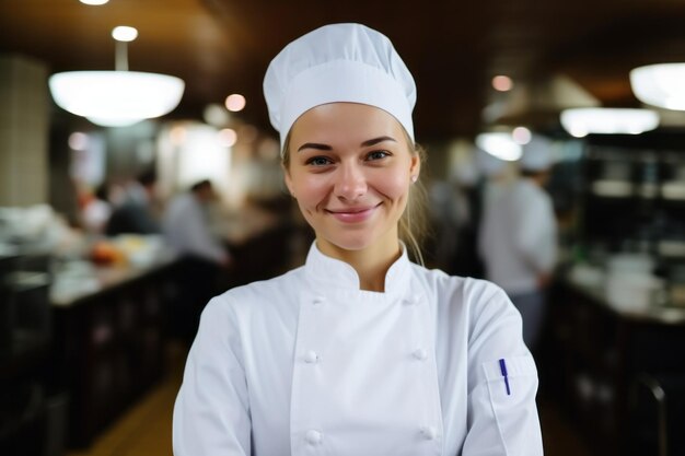 smiling female chef in a kitchen