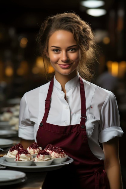 Foto una chef donna sorridente mette una fetta di torta su un piattogenerato da ai