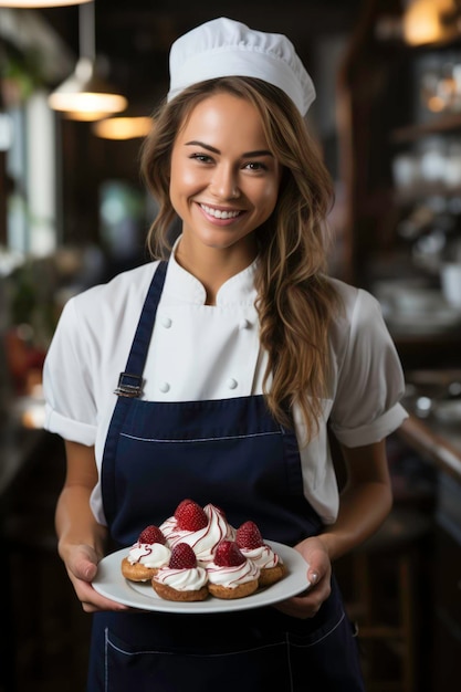 Smiling female chef puts a piece of cake on a plateGenerated by ai