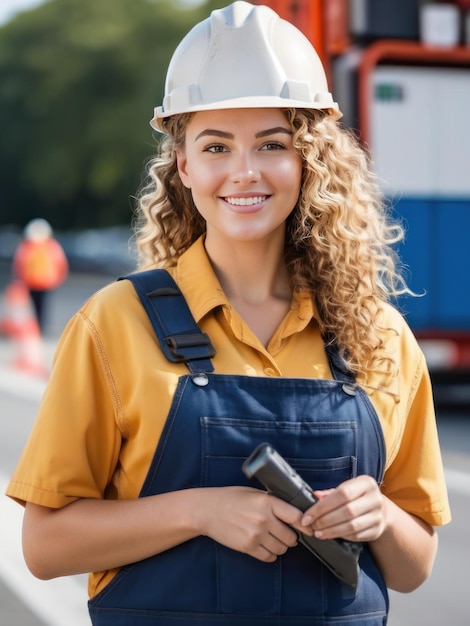 Smiling female construction worker in safety vest