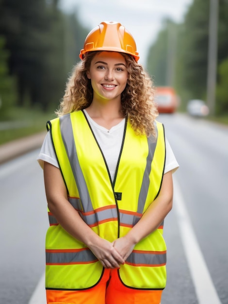 안전 조끼 를 입은 미소 짓는 여성 건설 노동자