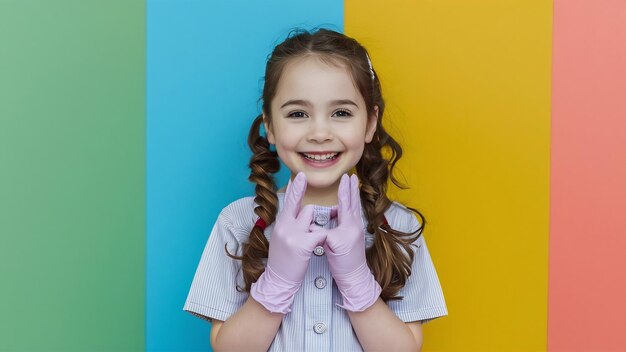 Photo smiling female dentist in uniform and gloves dental clinic professional pediatric dentistry chil