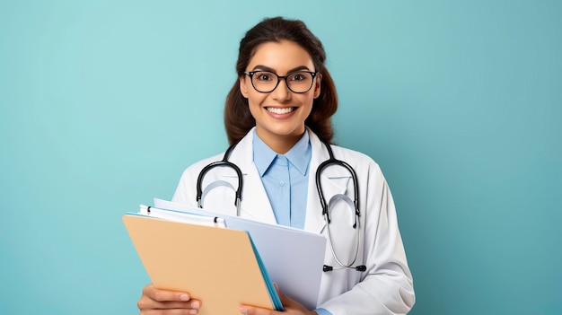 Photo smiling female doctor holding medical records one color background copy space