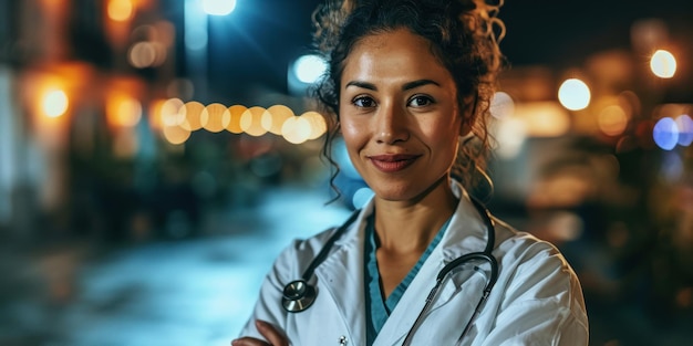 Photo smiling female doctor looking at camera and hands crossed strong multiethnic professionals