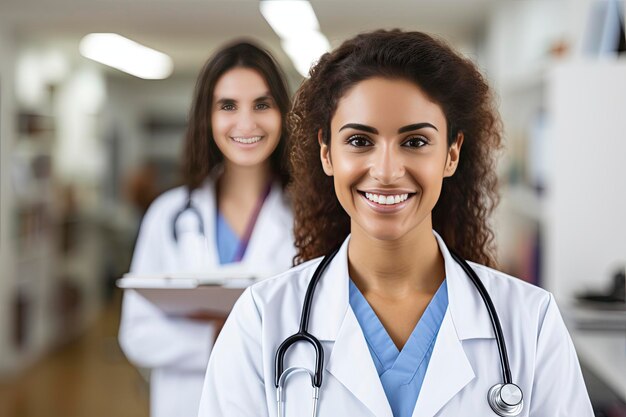 Foto dottoressa sorridente e assistente medica con scheda
