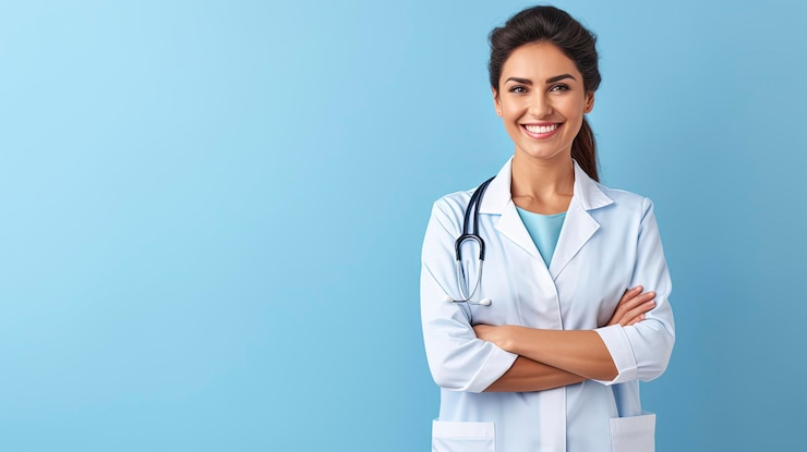Photo smiling female doctor standing crossing hands over one volor background
