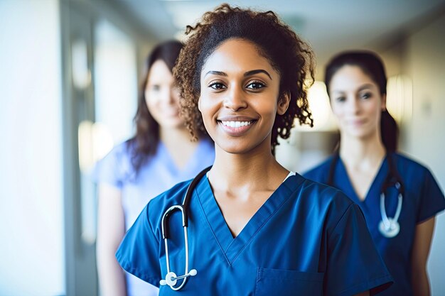 Photo smiling female doctor standing with medical colleagues in a hospital