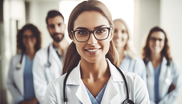 Улыбающаяся женщина-врач стоит с коллегами-медиками