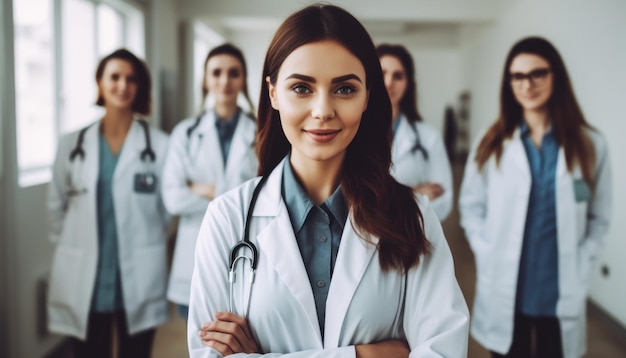 Улыбающаяся женщина-врач стоит с коллегами-медиками