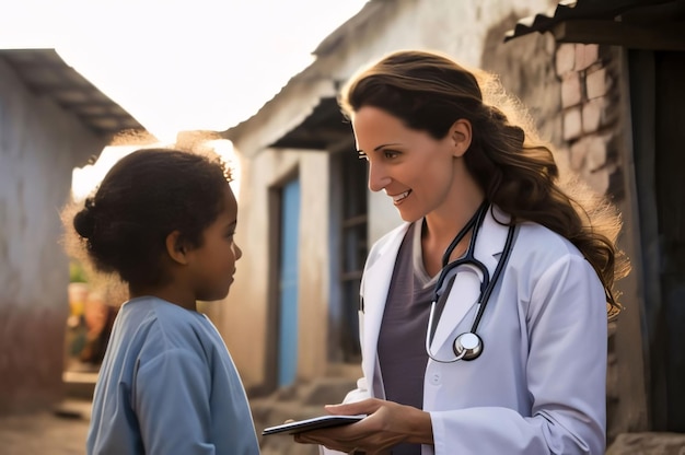 Smiling female doctor using digital tablet with her little patient in the street