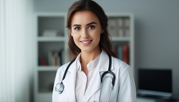 유니폼과 스테토스코프를 입은 웃는 여성 의사