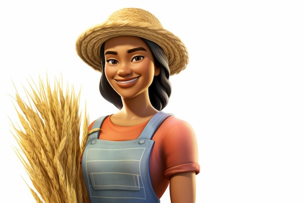 A smiling female farmer wearing a straw hat and holding a bundle of wheat