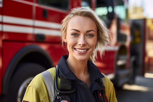 A smiling female firefighter in front of the fire truck with Generative AI