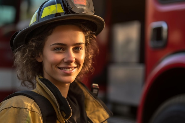 Улыбающаяся пожарная перед пожарной машиной с генеративным ИИ