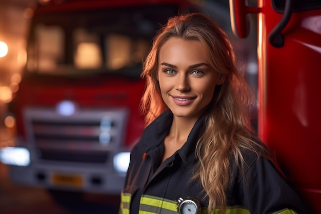 A smiling female firefighter in front of the fire truck with Generative AI