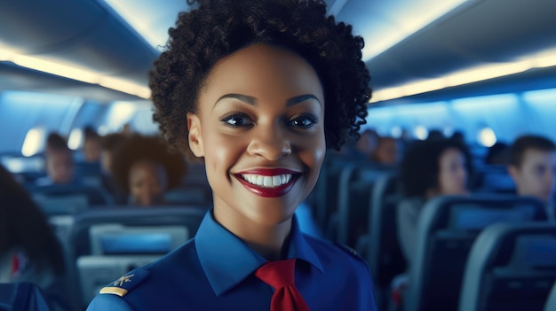 Smiling female flight attendant in blue uniform in aircraft cabin attractive black woman stewardess