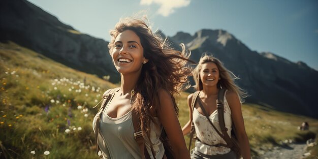 Smiling female friends hiking in nature intricate Ai Generative